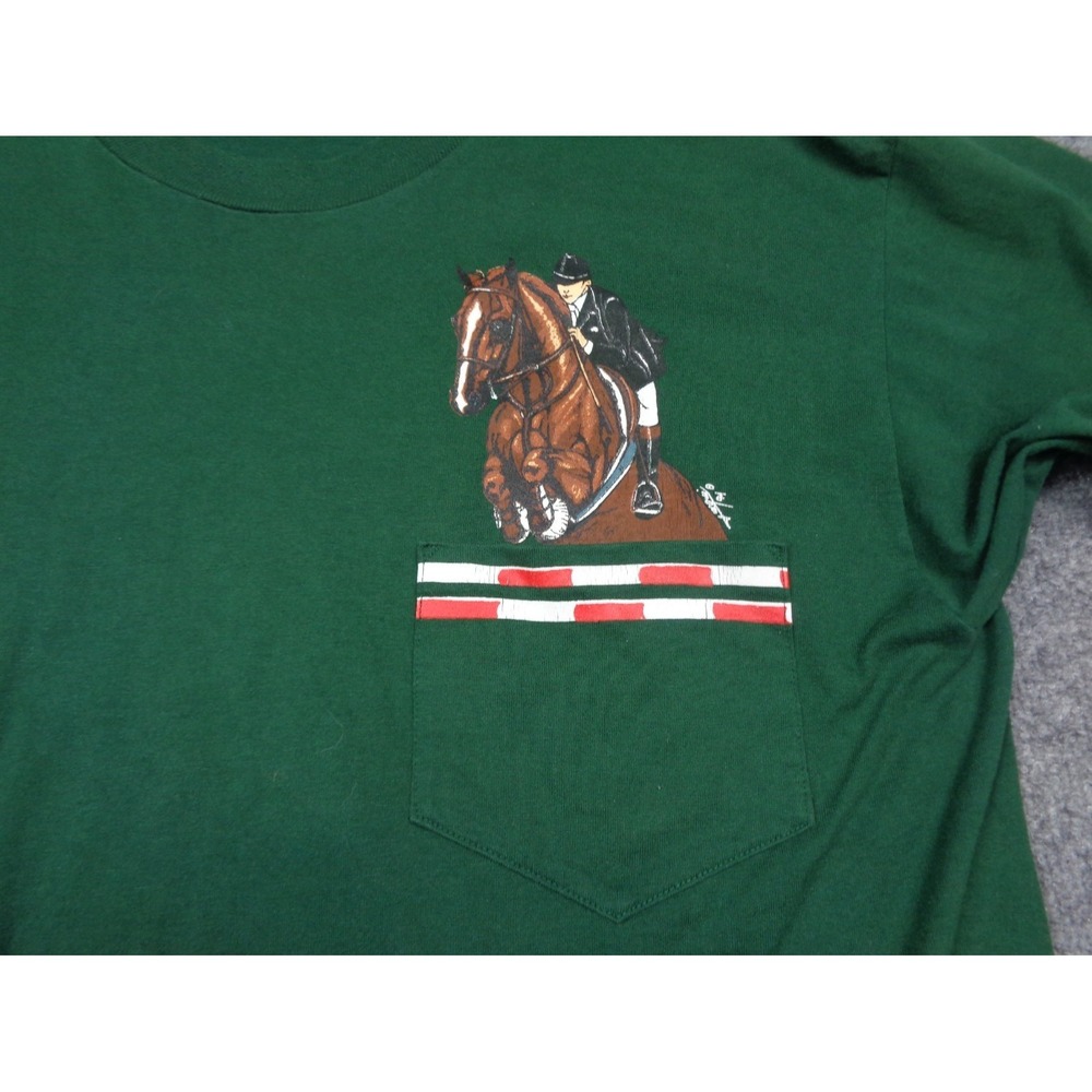 Vintage Jerzees Graphic Shirt L Green Equestrian Horse Riding Jockey Art Pocket - Picture 3 of 12